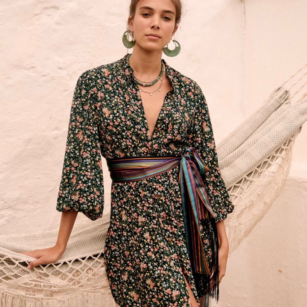 Sezane Dark Green Floral Mini Dress with Striped Waist Sash - Picture 2 of 13